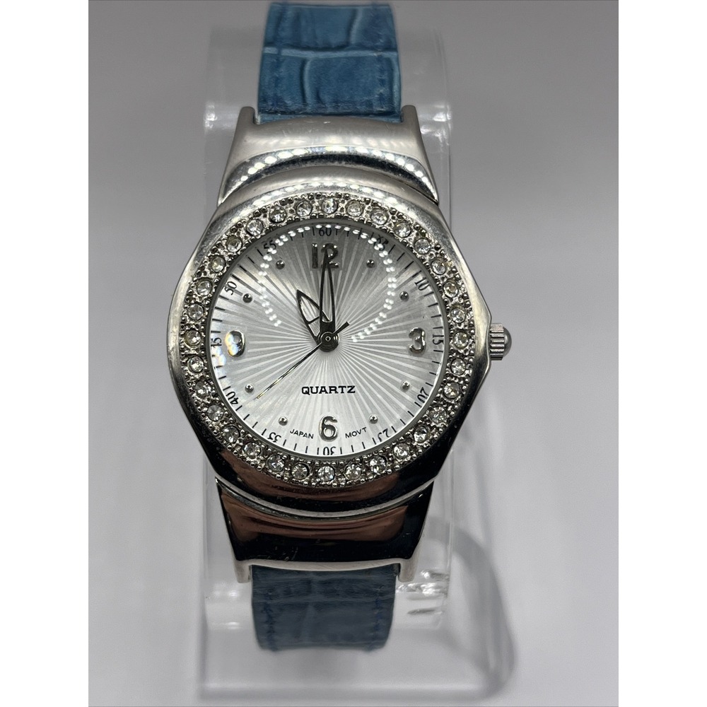Women's Reversible Blue/White‎ Band Quartz Watch Rhinestone Bezel- New Battery